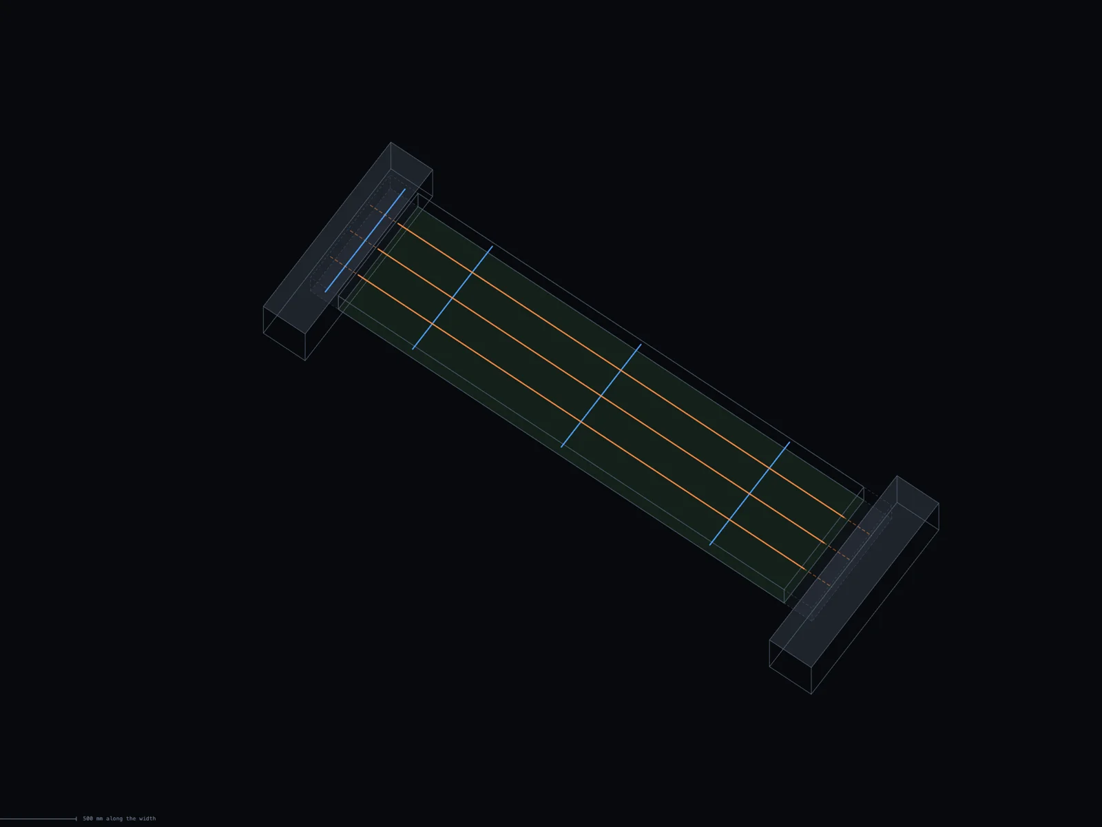 Structured Carbon viewer showing an example RAAC plank layout with bars along the length and across the width, and the bearings at each end